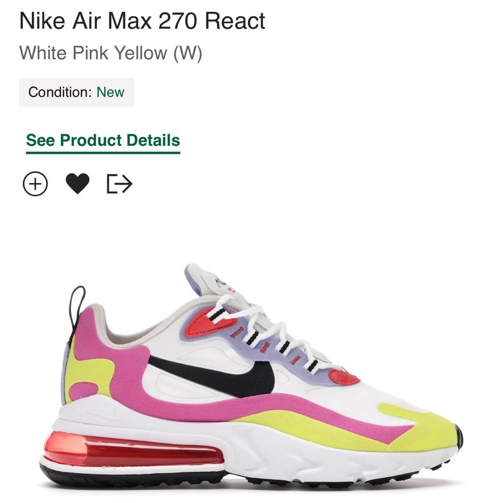 Nike Air Max 270 React size10 Pink,Yellow, White and Black